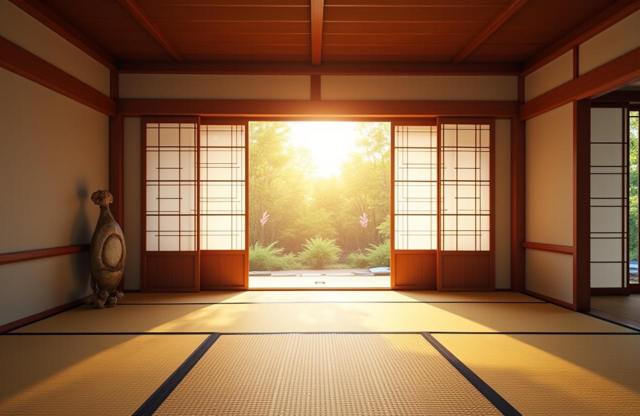 美しく修復された伝統的な日本の部屋、障子から光が差し込んでいる